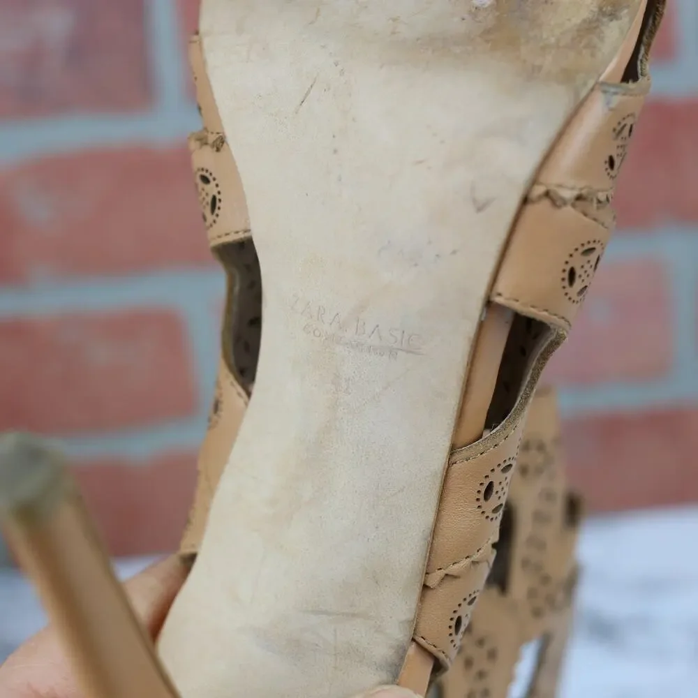 Zara Tan Brown Leather Cut Out Zig Zag Peep Toe Ankle Boot Heels 41 Women's